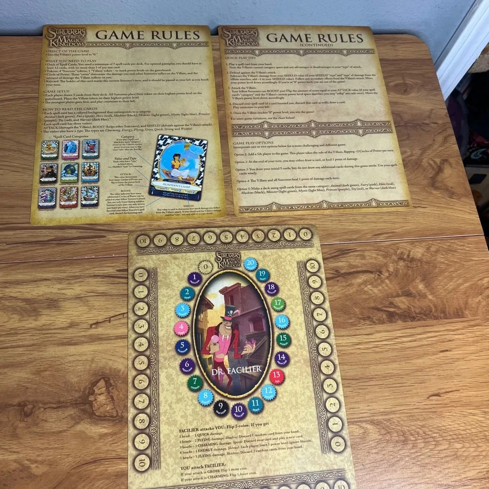 Disney Sorcerers of the Magic Kingdom 59 Card Lot Maps Coins Game Rules Board